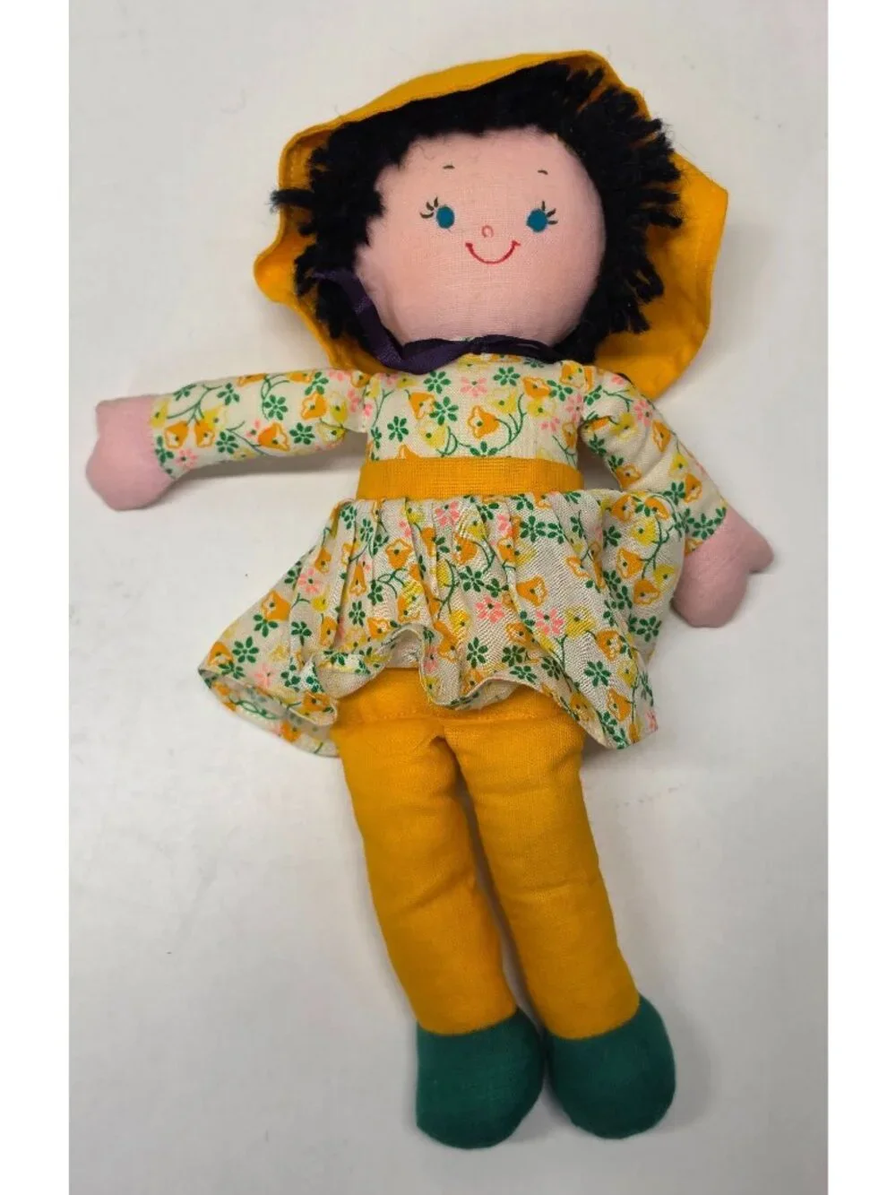 Vintage 1970s Cloth Rag Doll Sunbonnet Yarn Hair Floral Dress 10.5